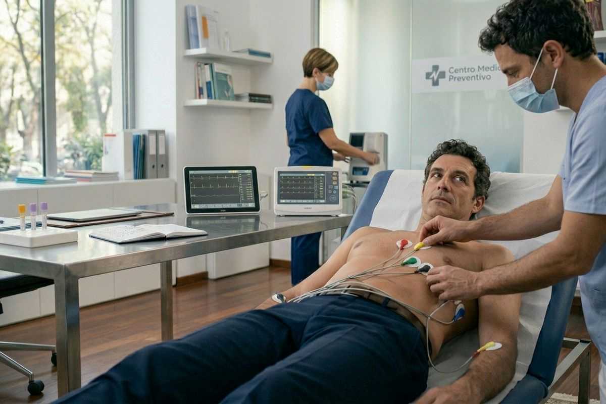 uomo over 40 che si sottopone a un elettrocardiogramma in uno studio medico con infermiere e dottoressa