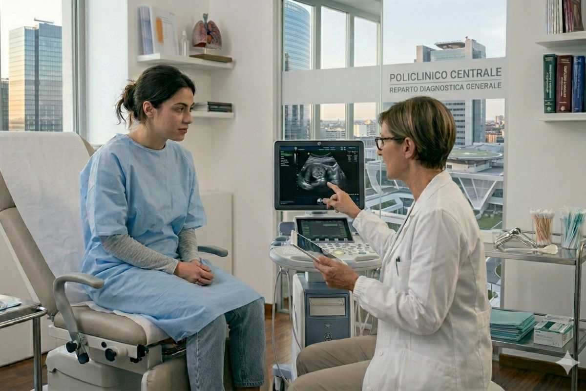 donna di circa 40 anni che si è sottoposta a visita ginecologica in uno studio medico e ora dialoga con la dottoressa