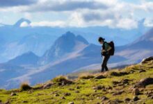 una donna fa trekking in alta montagna