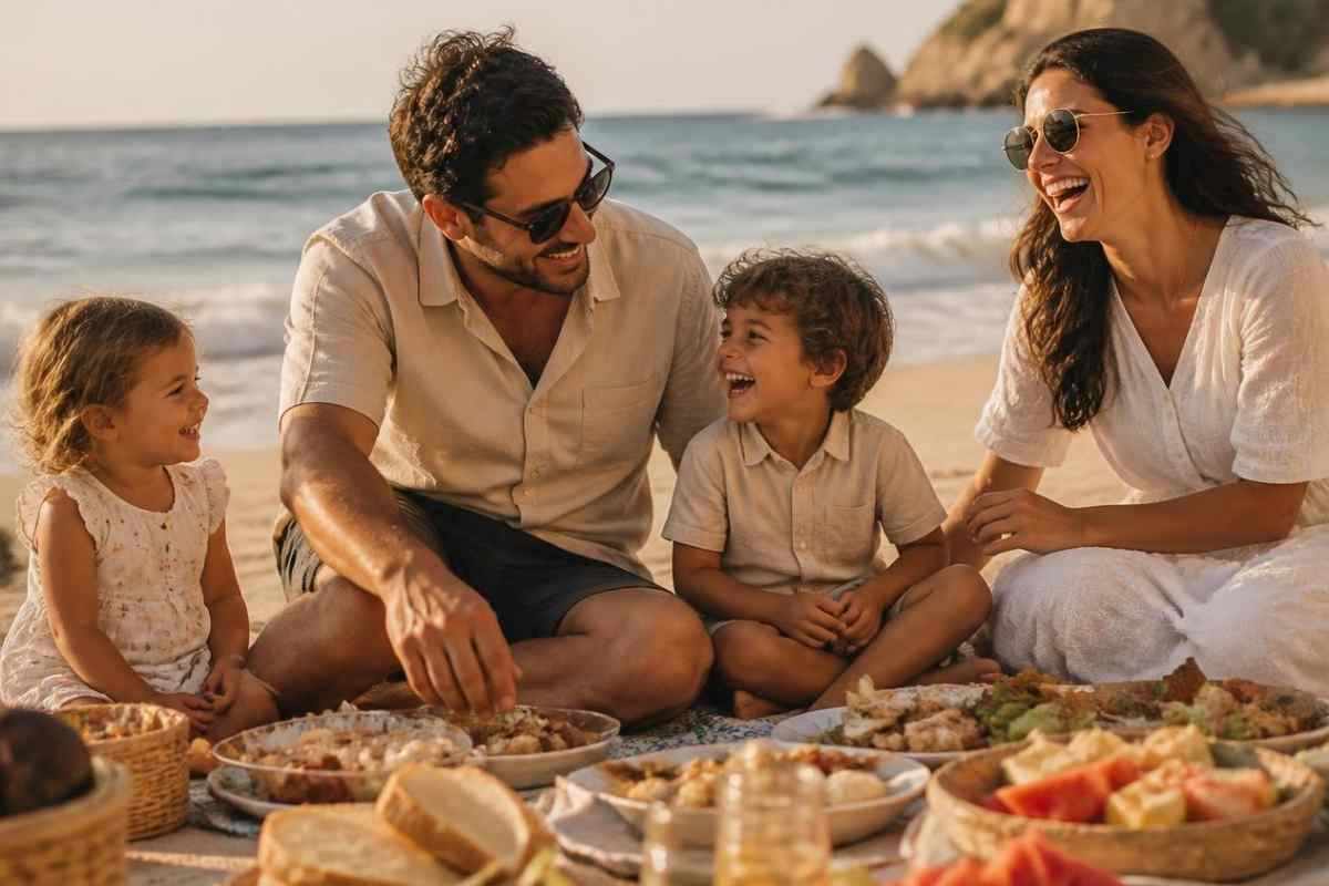 una famiglia mangia un ricco pranzo in spiaggia