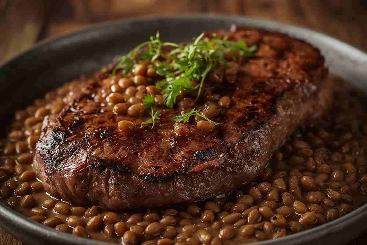 una bistecca con un contorno di lenticchie