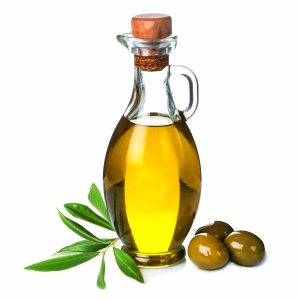Extra olive oil bottle and green olives on white background