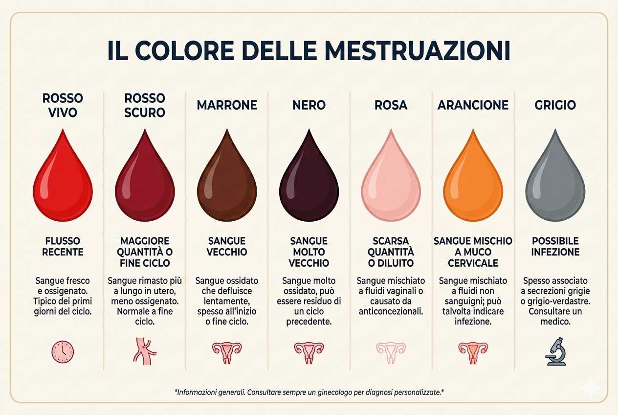 Infografica medica che mostra gocce di sangue di diversi colori: rosso vivo, rosso scuro, marrone, nero, rosa, arancione e grigio, ciascuna con una breve spiegazione scientifica delle possibili cause