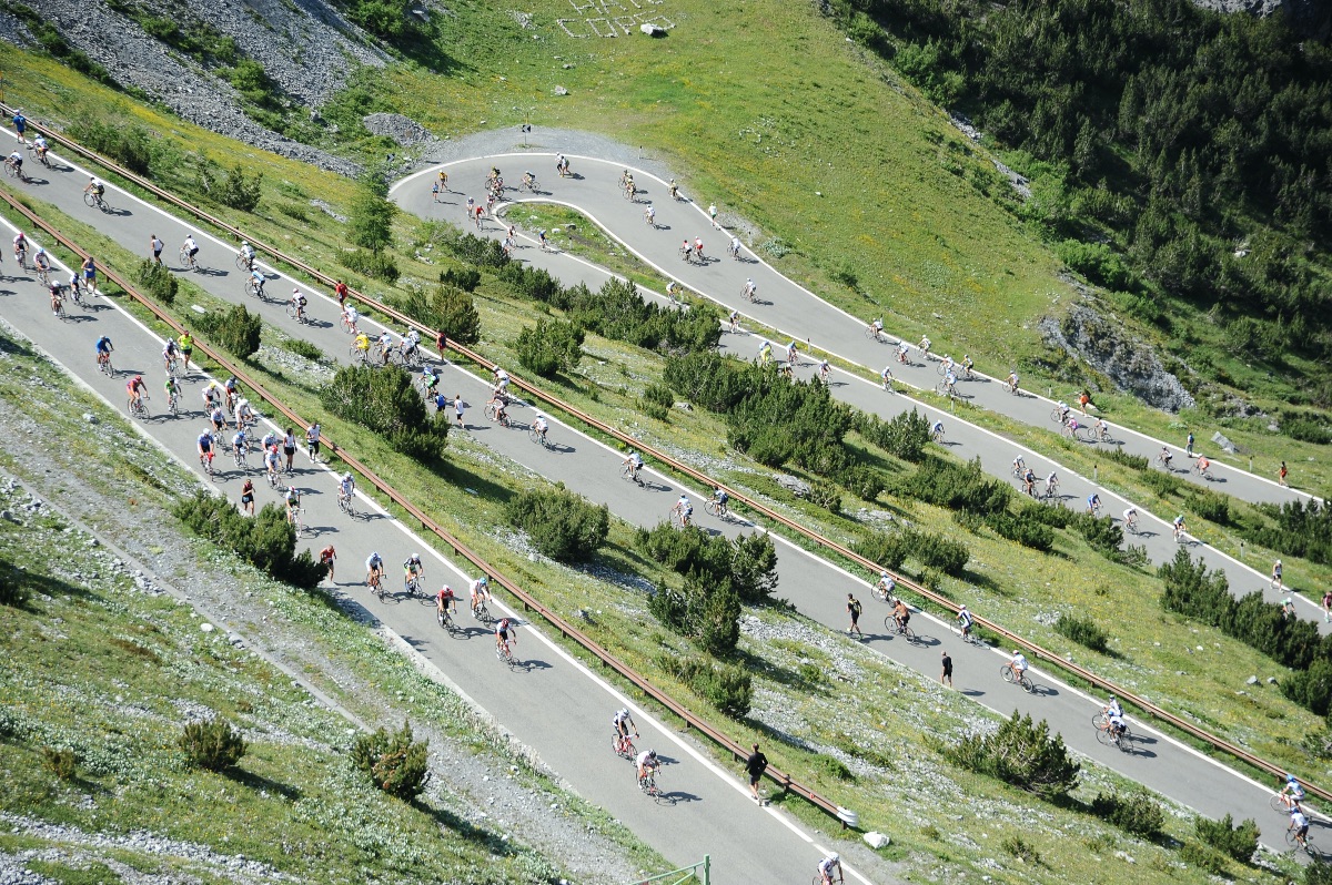 un gruppo di ciclisti in una gara sullo Stelvio in Valtellina