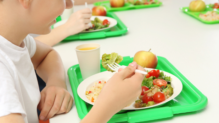 un bambino mangia insalata in una mensa scolastica di buona qualità