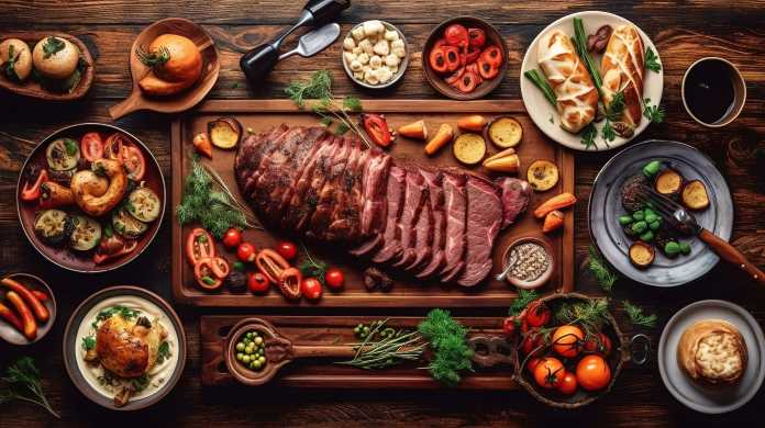 una tavola imbandita con carne e verdure