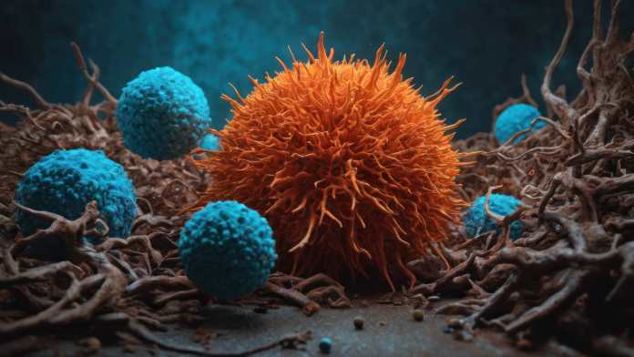 immagine ingrandita di una cellule tumorale attaccata dal sistema immunitario