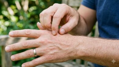 uomo che si gratta la mano perché ha la scabbia