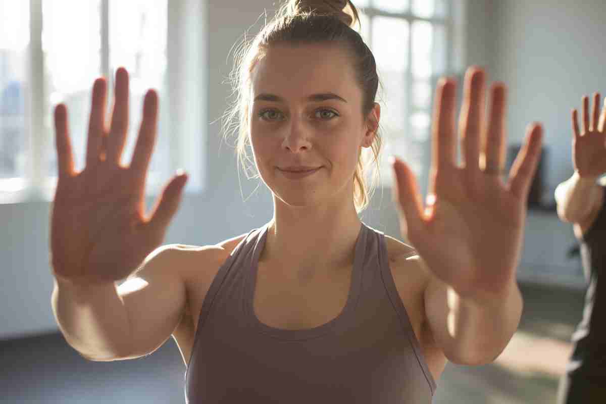 una ragazza mostra le mani in palestra
