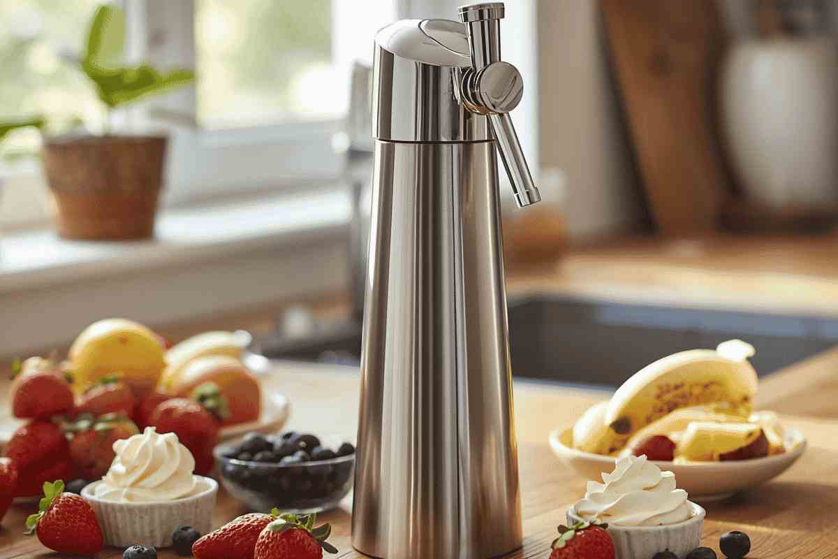 un sifone con la panna circondato da frutta fresca