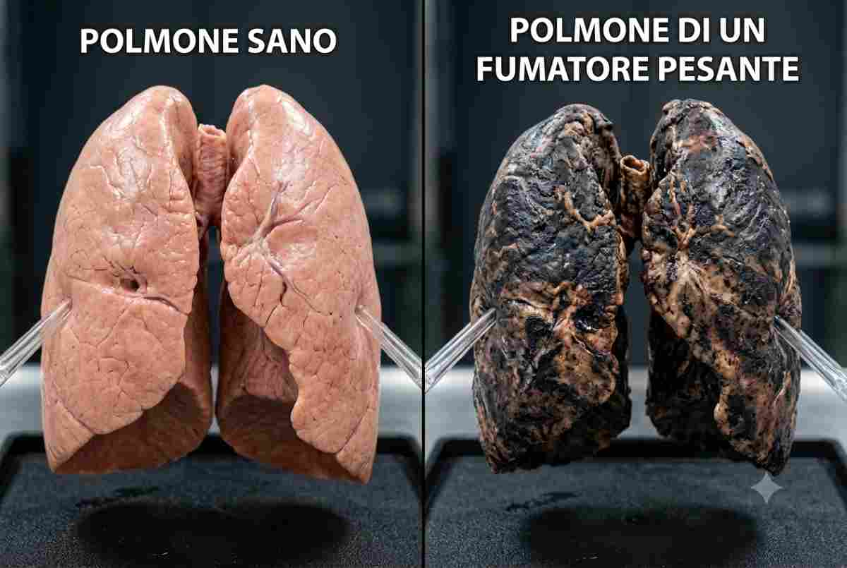 foto che confronta un polmone sano con quello di un fumatore pesante