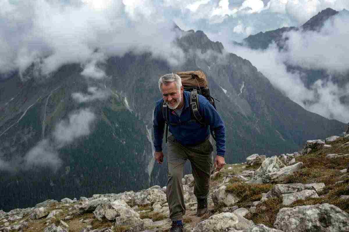 un uomo maturo fa trekking con fatica in alta quota