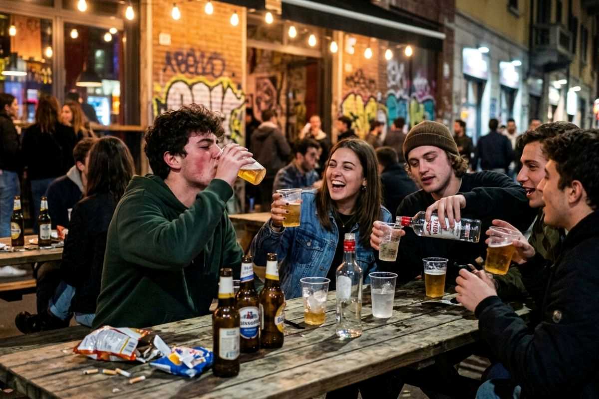 ragazzi seduti a un tavolo di un bar all'aperto mentre bevono birra e superalcolici
