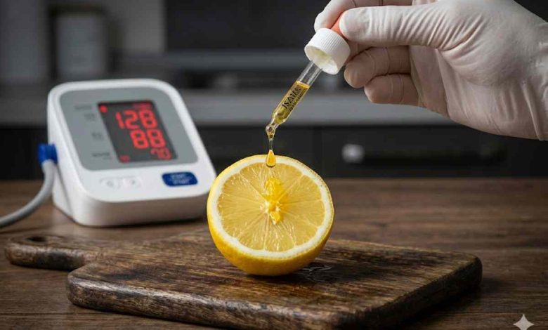 foto creata dall'IA con una macchinetta per misurare la pressione e mezzo limone
