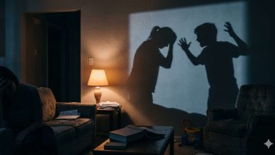 ombre di un figlio che aggredisce la madre, proiettate sul muro di un salotto