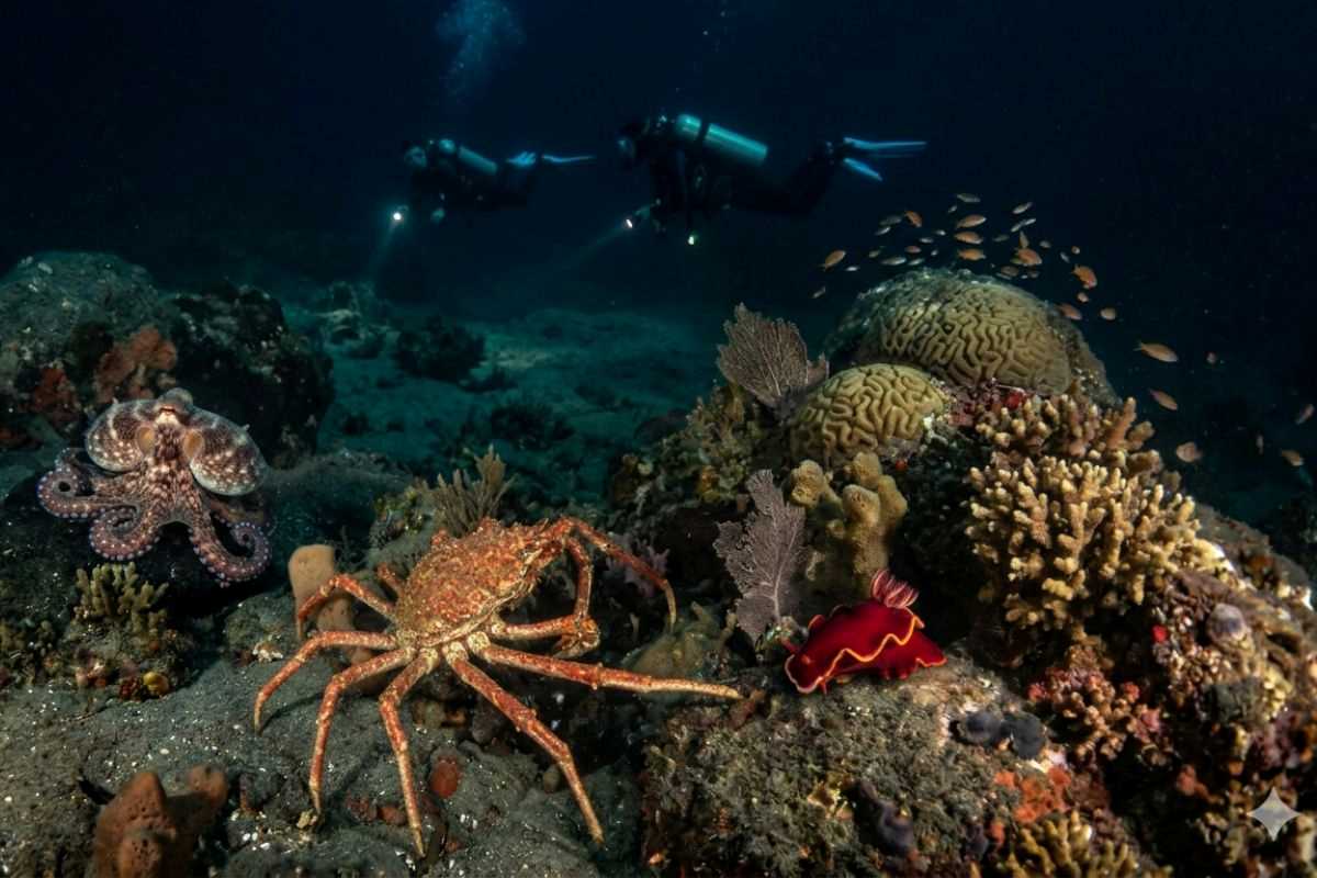 foto di un polpo, granseole e una “ballerina spagnola” su fondale marina con due sub sullo sfondo