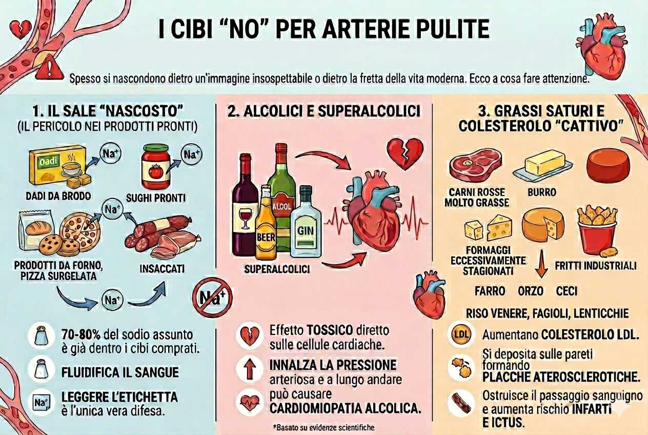 Infografica scientifica sui cibi 'NO' per la salute cardiovascolare. Sezione 1: Sale nascosto in prodotti pronti e insaccati. Sezione 2: Effetti tossici dell'alcol sul cuore. Sezione 3: Grassi saturi e colesterolo LDL che formano placche nelle arterie