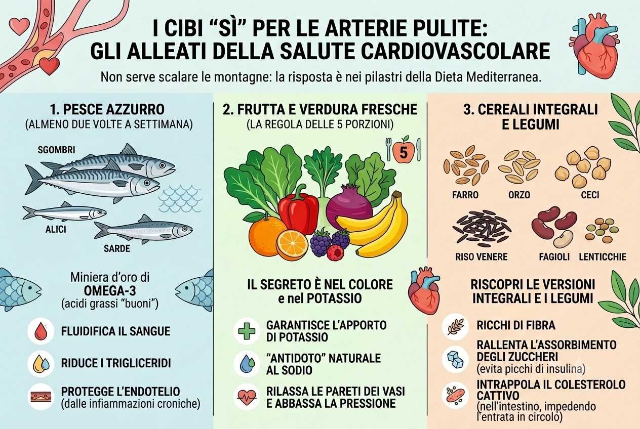 Infografica sui cibi consigliati per la salute delle arterie: pesce azzurro (Omega-3), frutta e verdura (Potassio) e cereali integrali/legumi (Fibre)