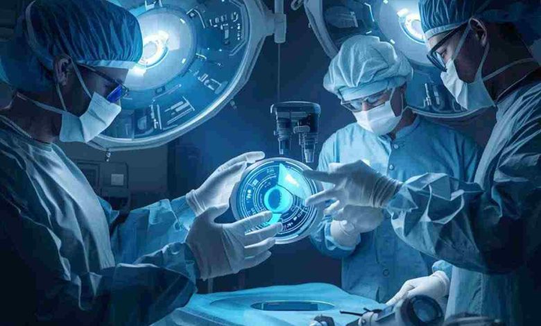 medici in sala operatoria utilizzano strumenti collegati all'intelligenza artificiale