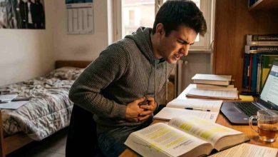 ragazzo universitario che, mentre studia alla scrivania della sua camera, accusa un forte mal di pancia