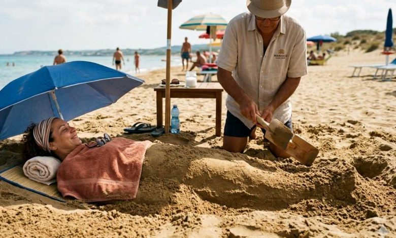 donna che fa sabbiature in spiaggia, aiutata dal marito