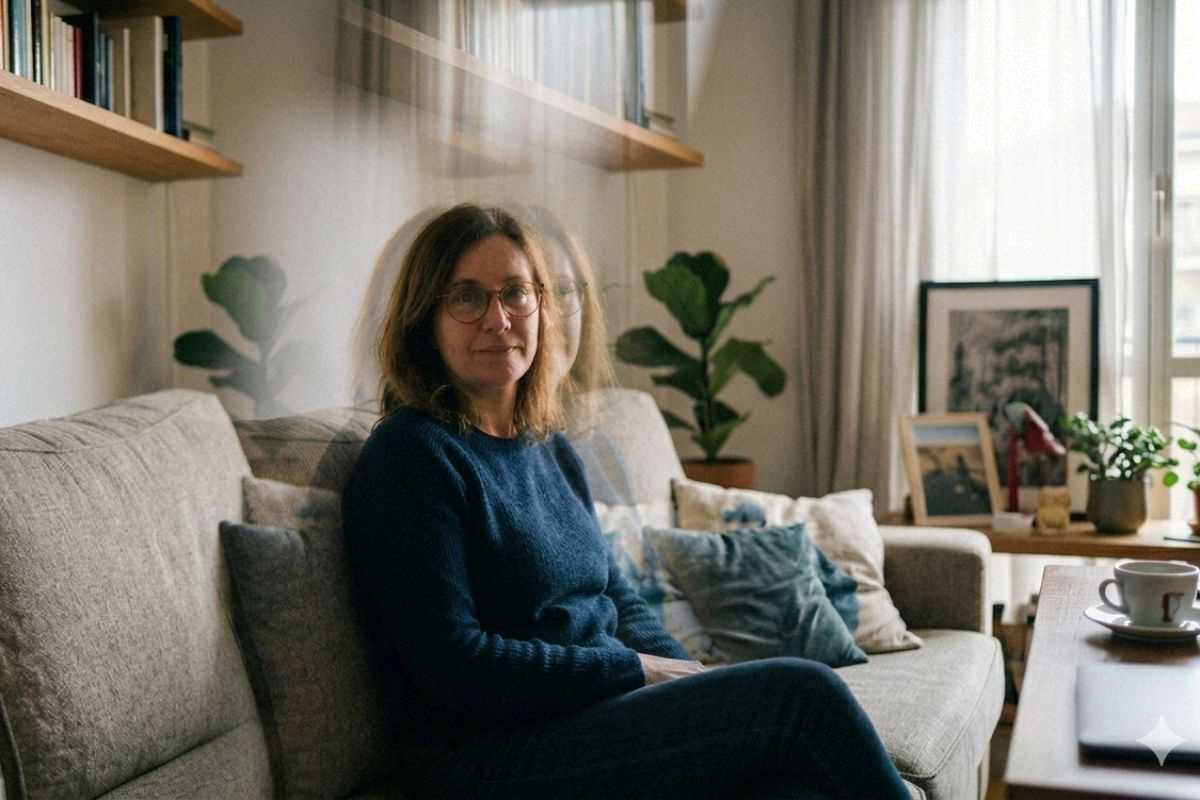 donna seduta sul divano, che risulta sdoppiata perché chi la guarda ha visione doppia (diplopia), sintomo possibile di slcerosi multipla