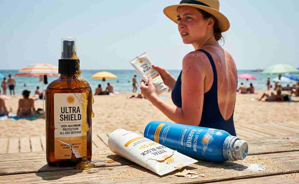 una donna con pelle bruciata al sole nonostante l'uso delle creme solari