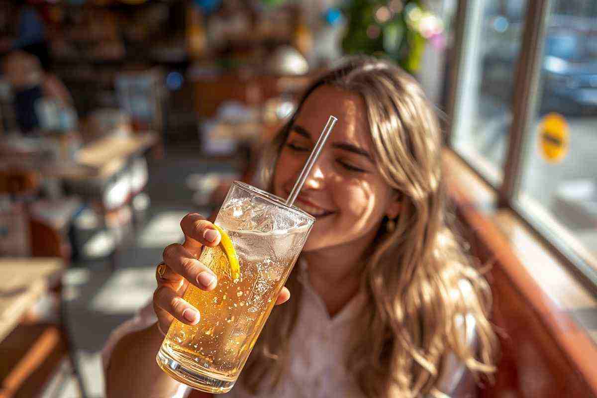 una ragazza beve una bibita gassata