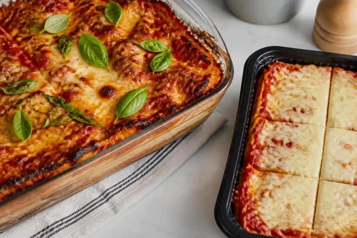 a sinistra una lasagna fatta in casa a destra una lasagna comprata