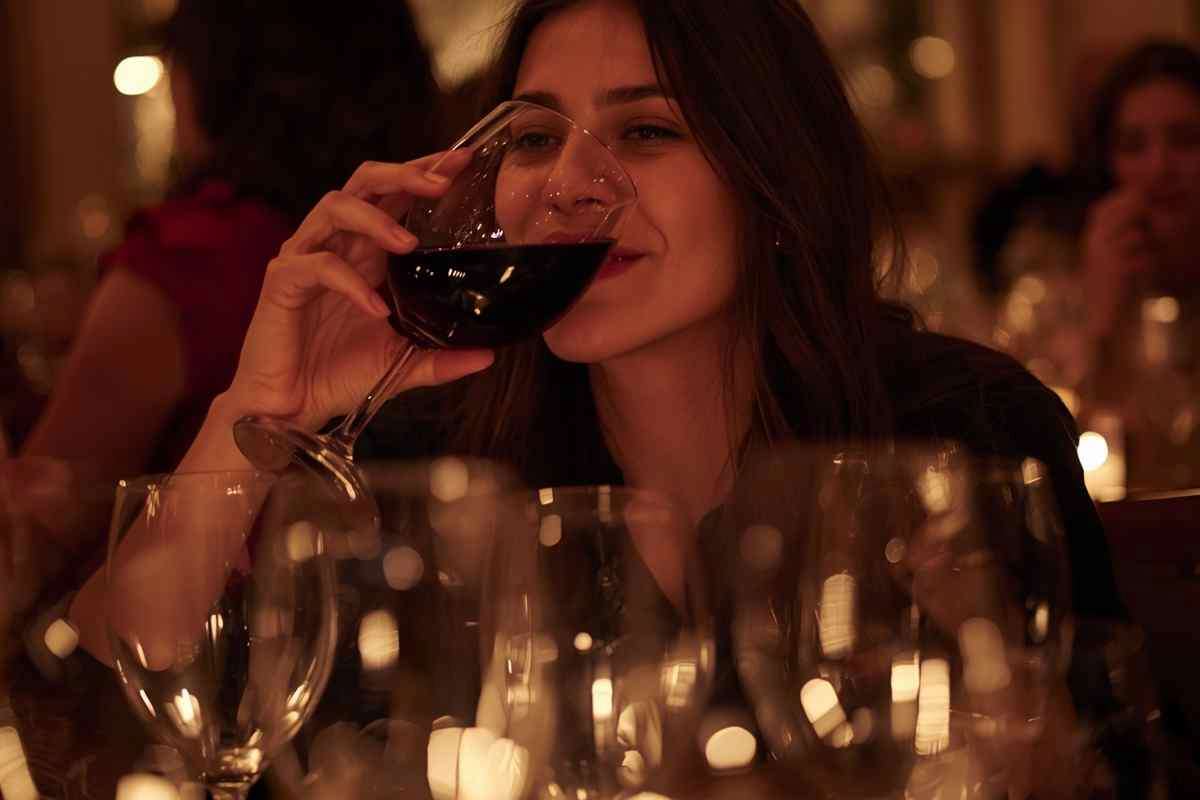 una donna beve l'ennesimo bicchiere di vino