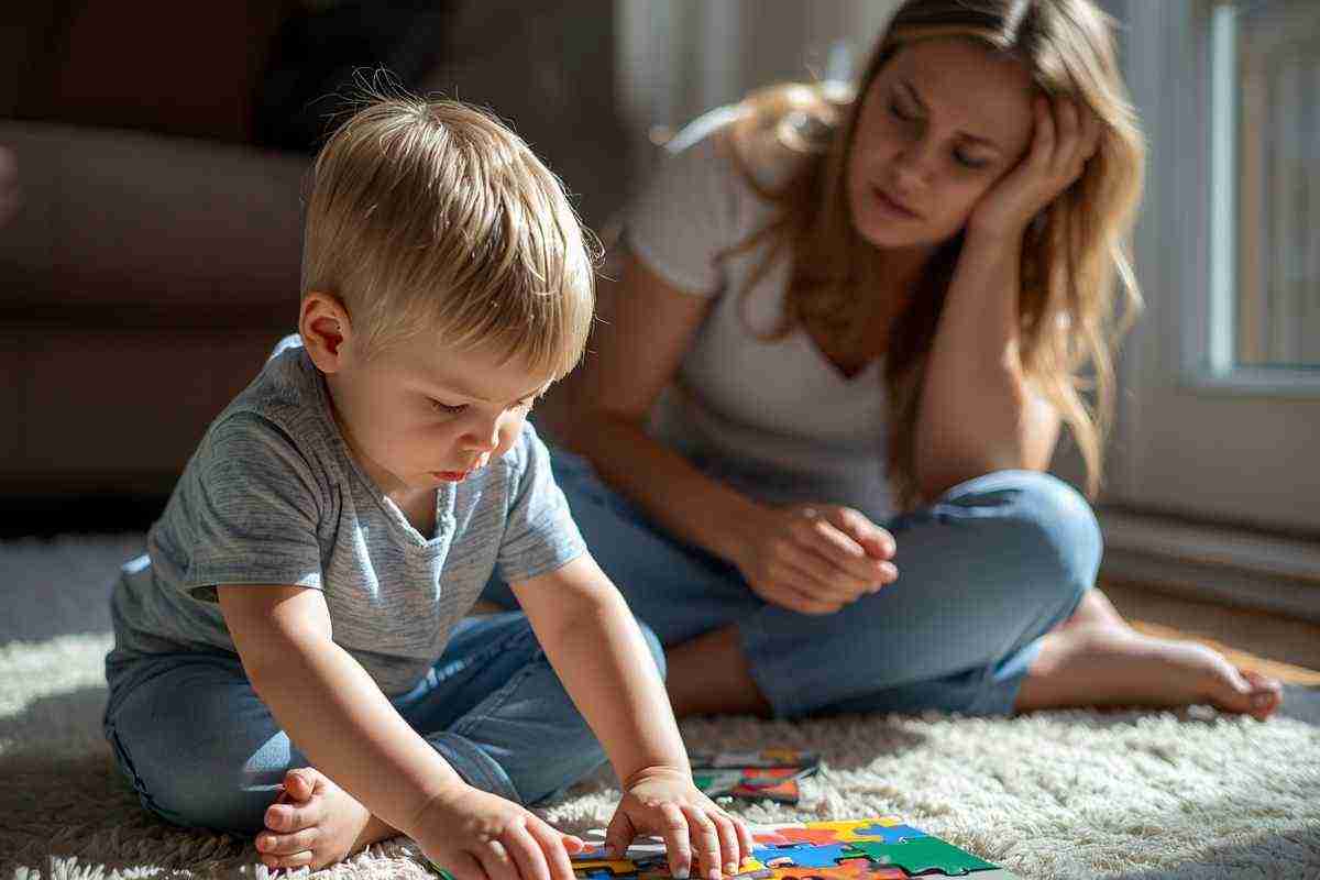 un bambino compone un puzzle mentre la mamma lo guarda