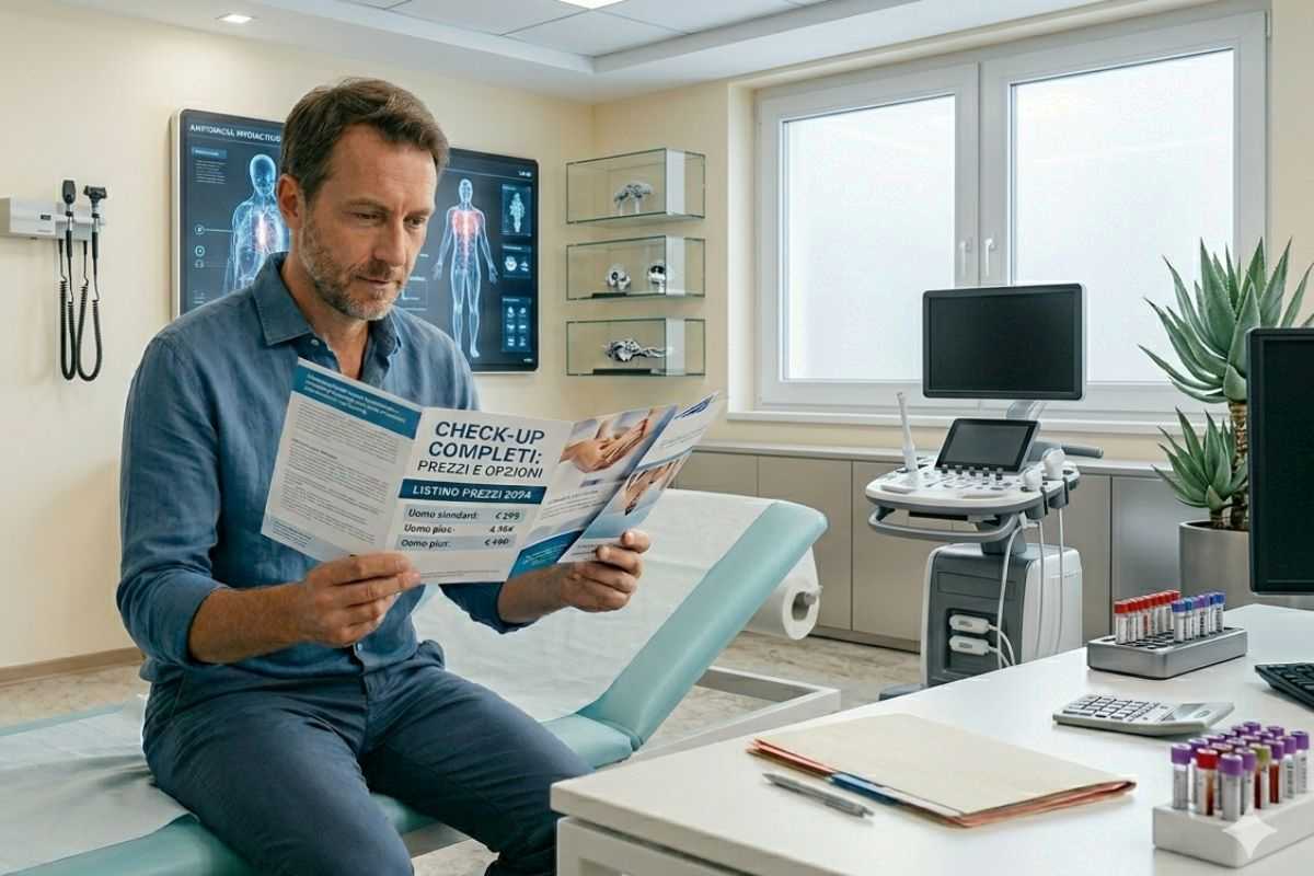 uomo in un ambulatorio che sfoglia un depliant sui costi dei check-up completi