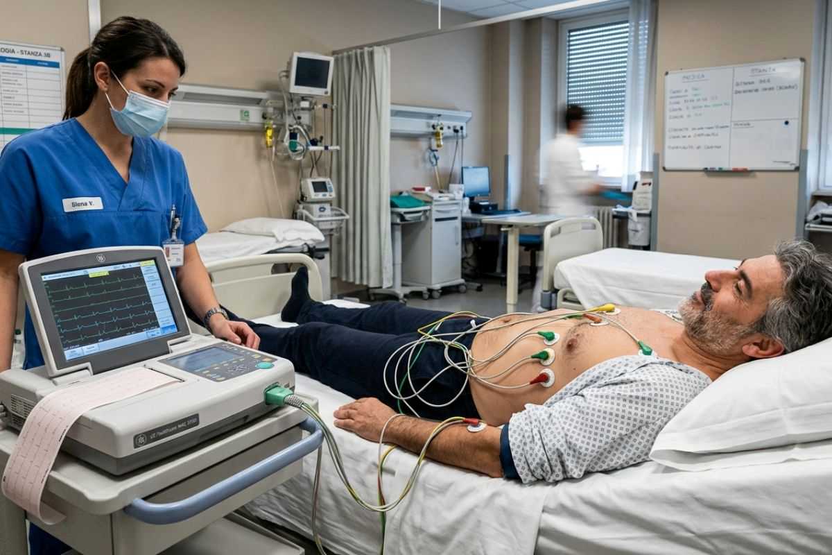 uomo di 50 anni che in ospedale si sottopone a elettrocardiogramma
