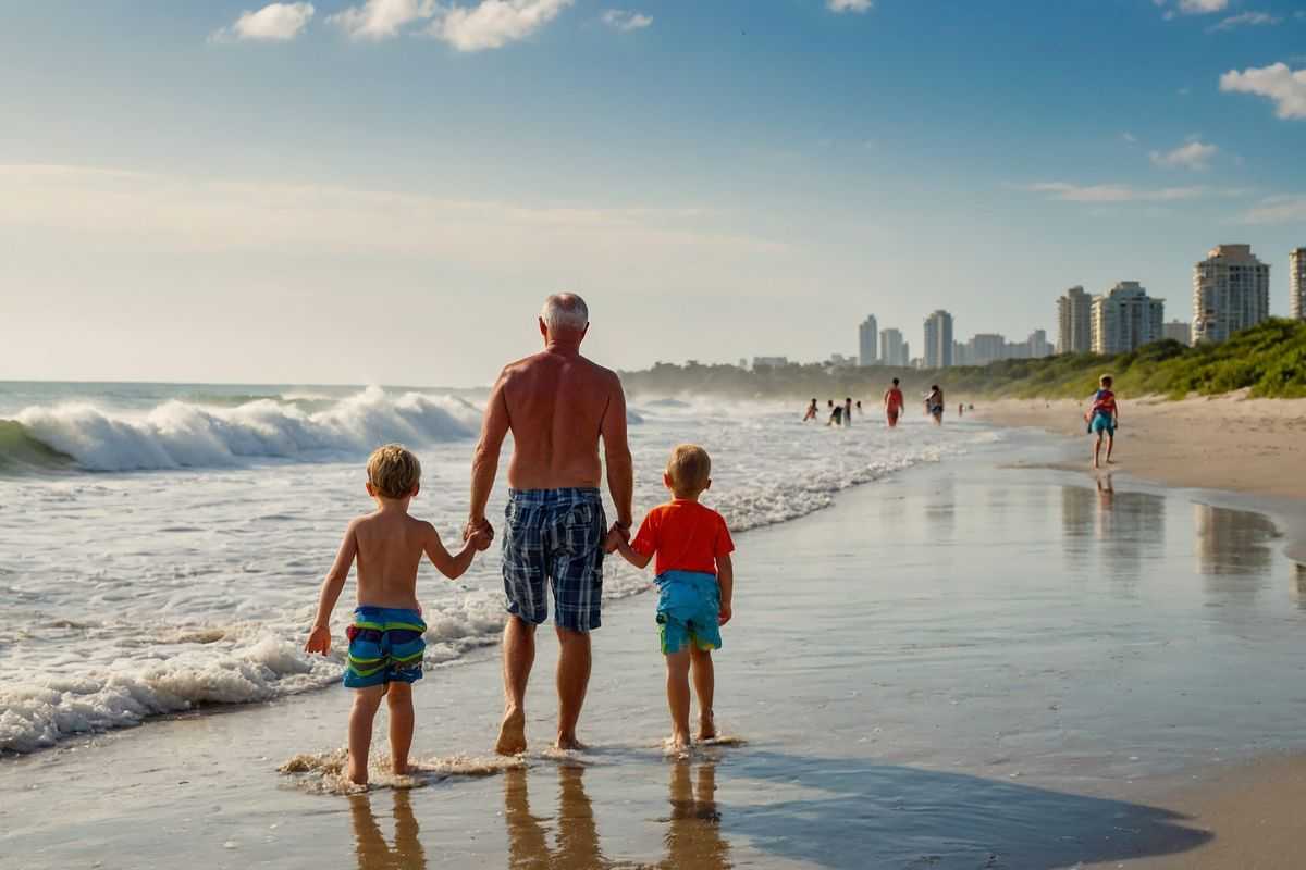 bambini col nonno che passeggiano sulla battigia