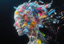 modellino in 4D che riproduce una testa umana contenente plastiche e microplastiche