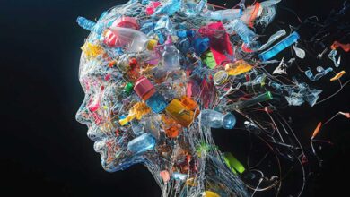 modellino in 4D che riproduce una testa umana contenente plastiche e microplastiche