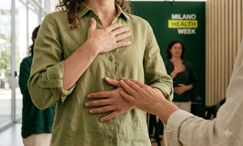donna che al padiglione della milano health week si sottopone a una sessione di respirazione guidata