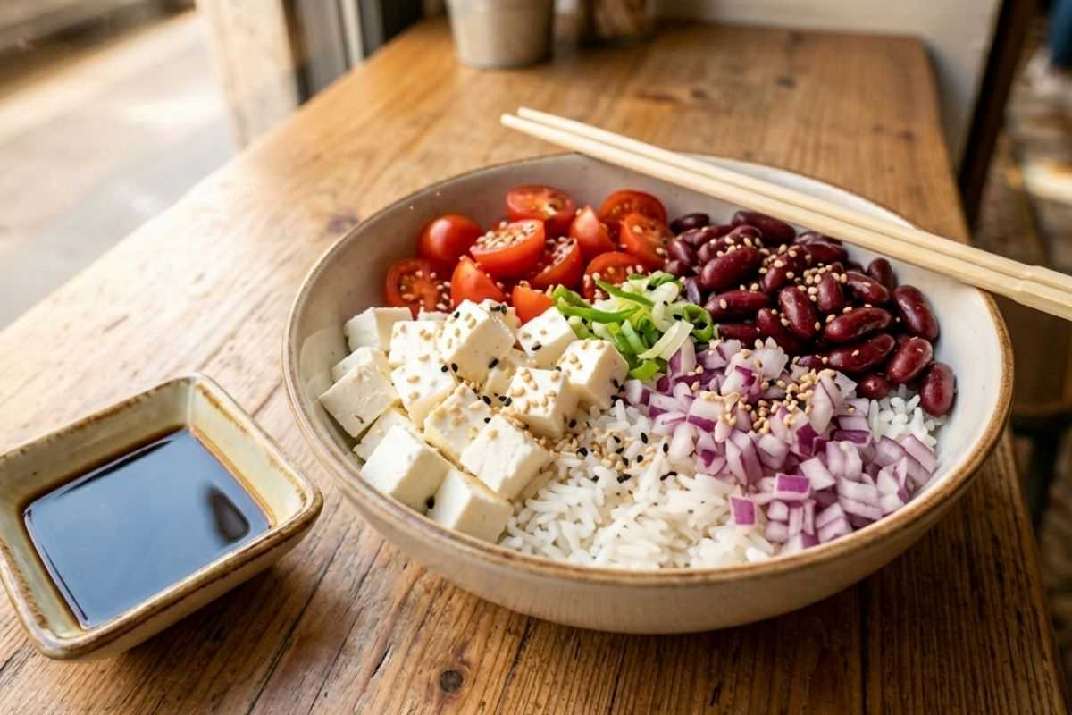 pokè con basmati, feta e pomodorini confit