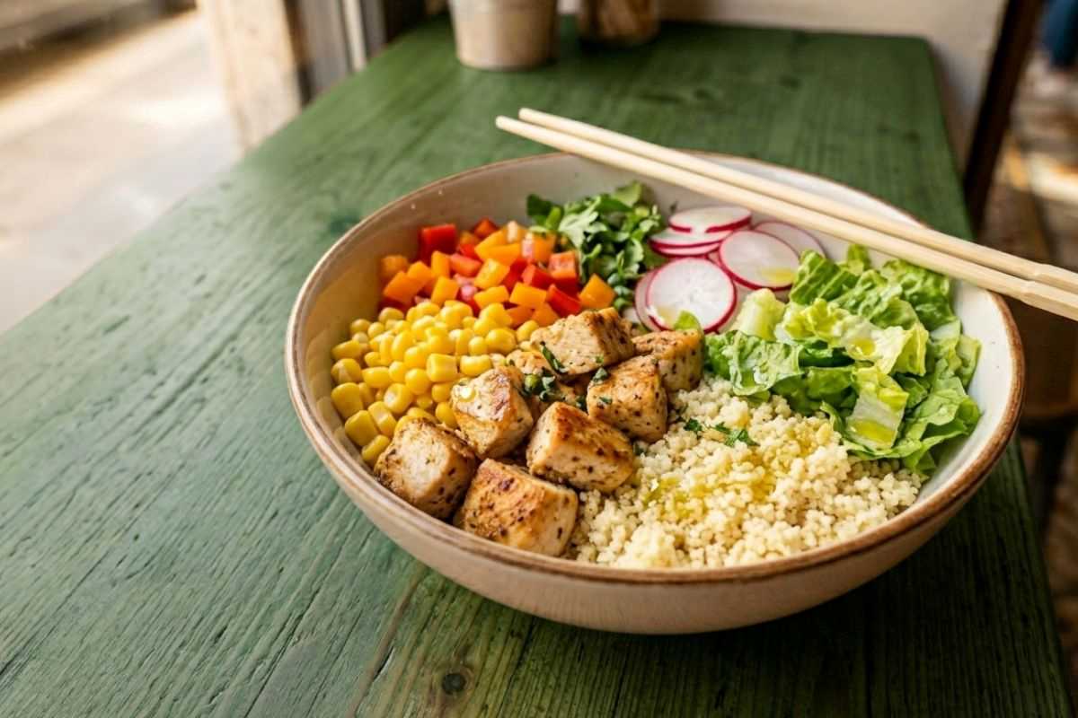 pokè con couscous, pollo piccante, mais, barbabietola