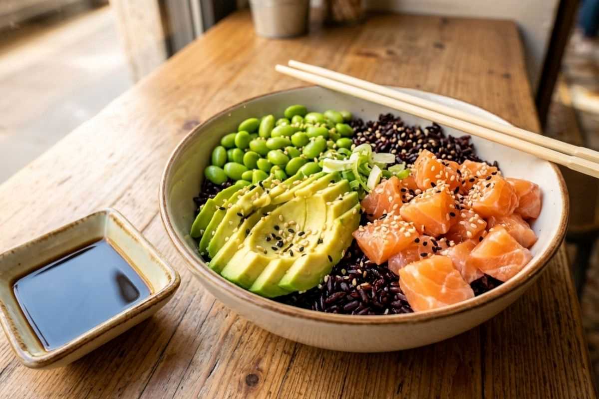 pokè con riso nero, salmone, avocado ed edamame
