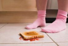 una fetta di pane e marmellata caduta sul pavimento