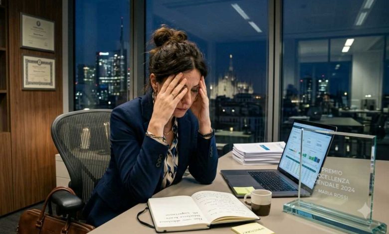 donna al lavoro che ha successo ma non crede nelle sue possibilità perché ha la sindrome dell'impostore