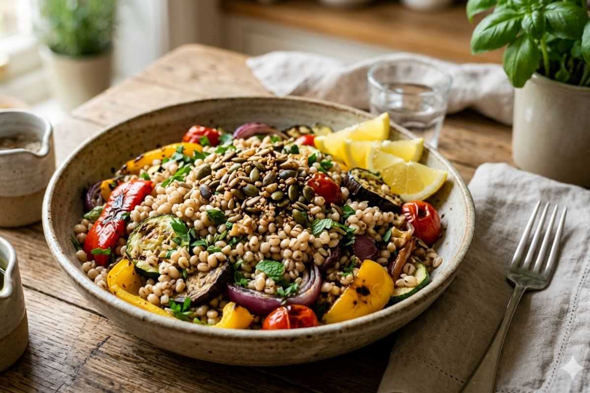 sorgo con verdure grigliate, semi oleosi e limone
