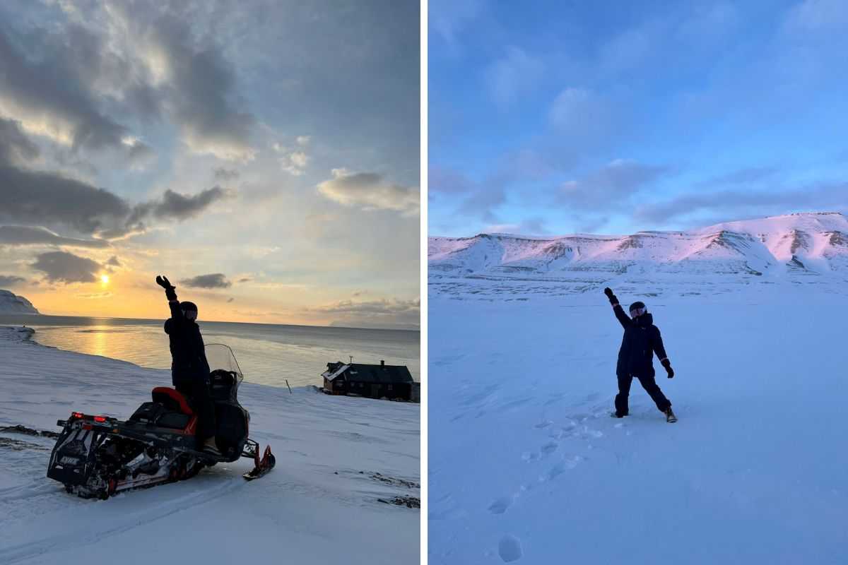 nella foto di sinistra c'è giulia di marino sulla motoslitta; nella foto di destra giulia di marino cammina nelle neve delle svalbard
