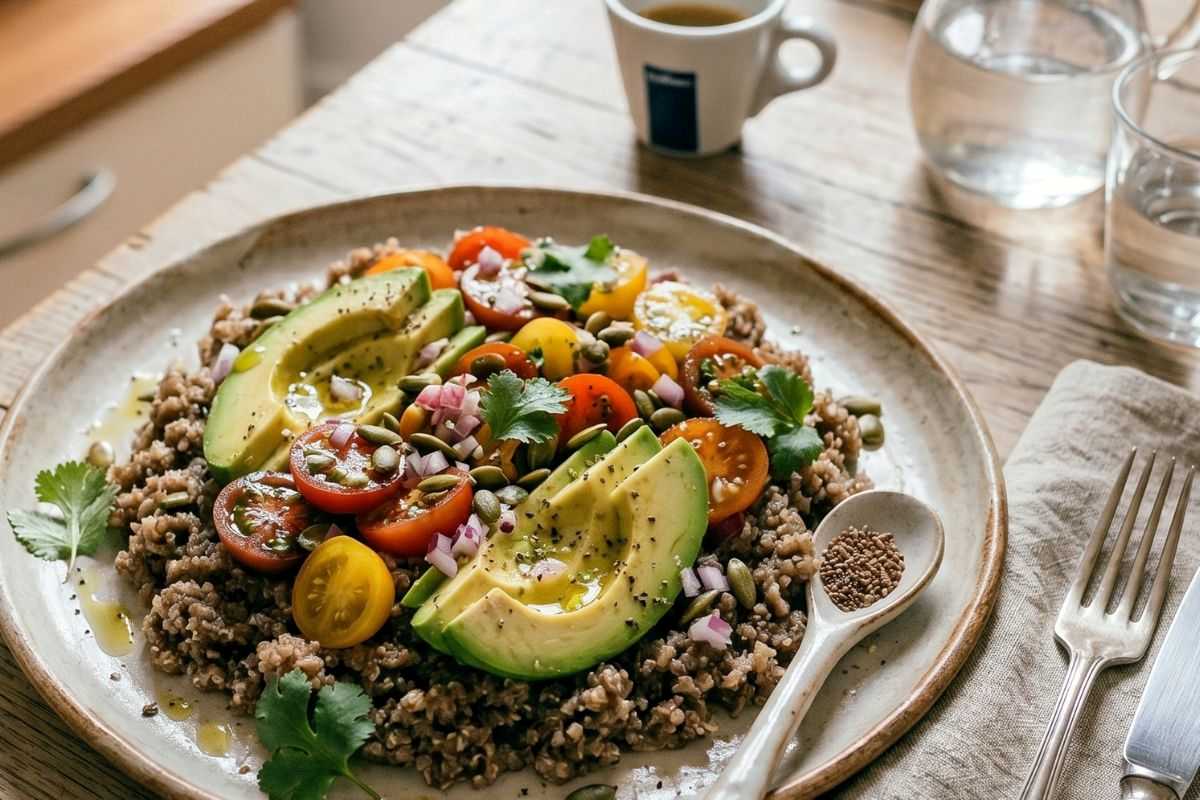 teff con avocado e pomodorini