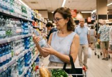 donna al supermercato che legge l'etichetta dell'acqua minerale per sceglierla consapevolmente
