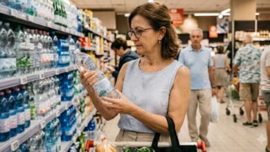 donna al supermercato che legge l'etichetta dell'acqua minerale per sceglierla consapevolmente