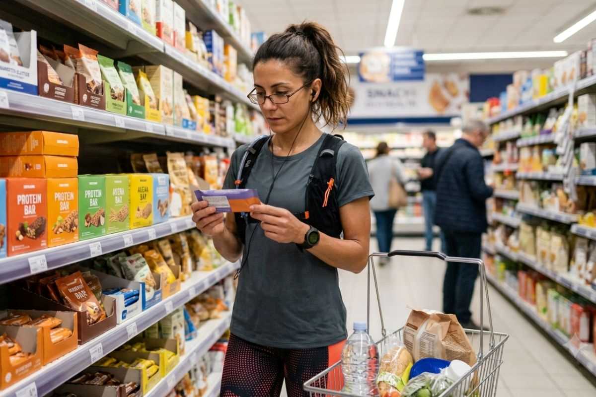 giovane donna sportiva che al supermercato legge le etichette delle barrette energetiche