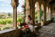 donna che legge un libro in un chiostro che affaccia su una vigna