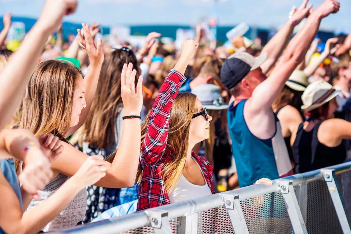 ragazzi con le mani alzate che partecipano a un concerto all'aperto